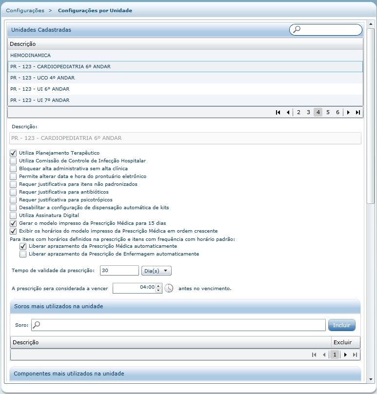 Configurações por unidade