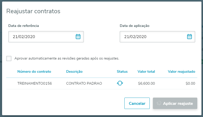 Sistema aplicando reajuste conforme histórico de indice