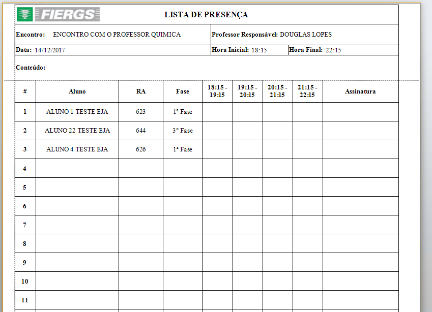 Lista de presença do Encontro