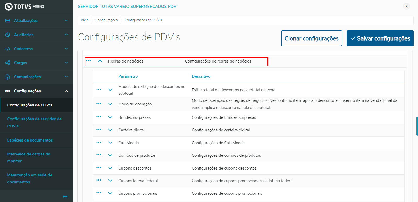 Imagem 7 - Menu de Configurações de Regra de Negócios