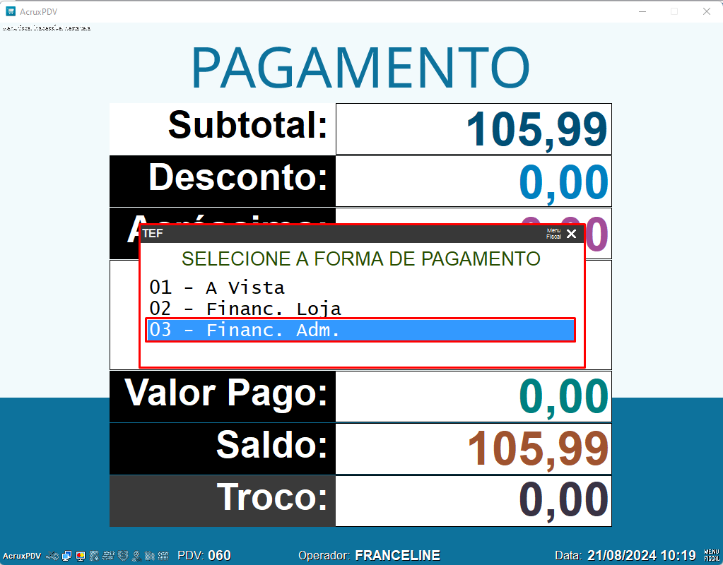 Imagem 21 - Tela Forma de Pagamento