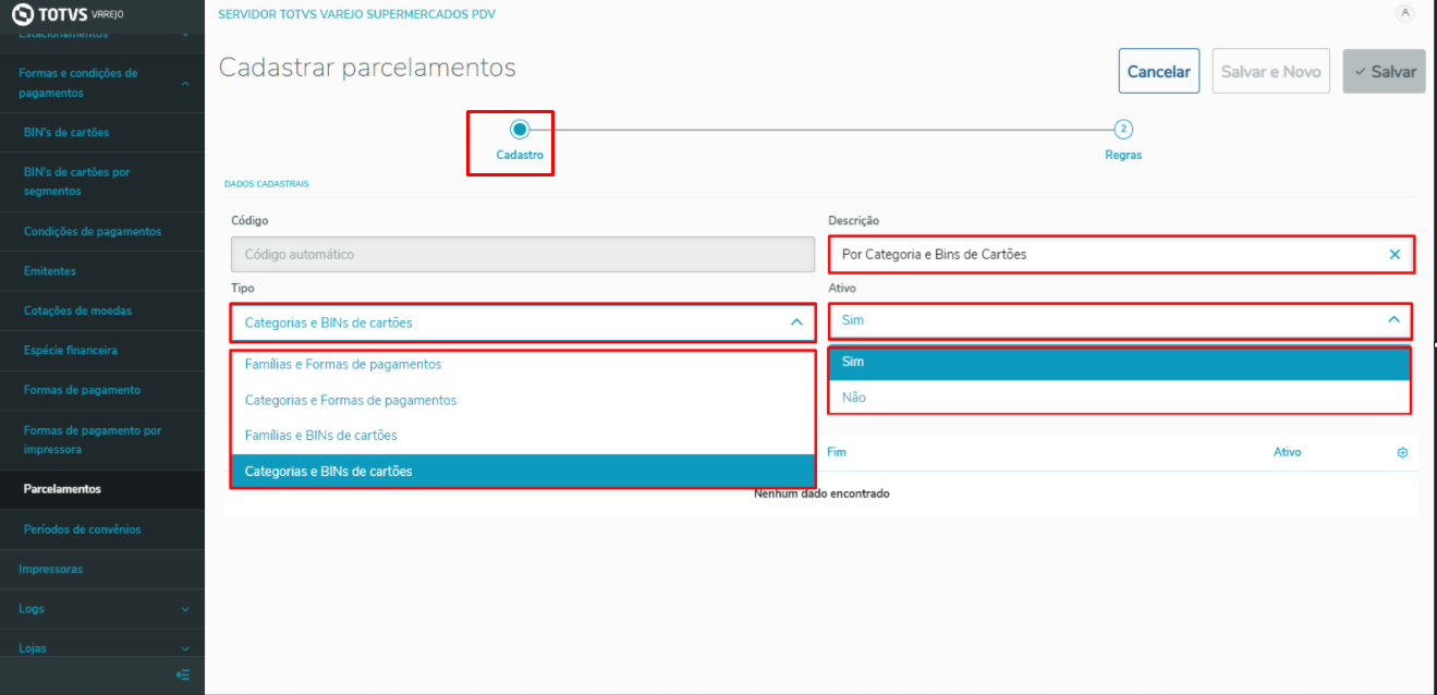 Imagem 3 - Menu Cadastrar Parcelamentos