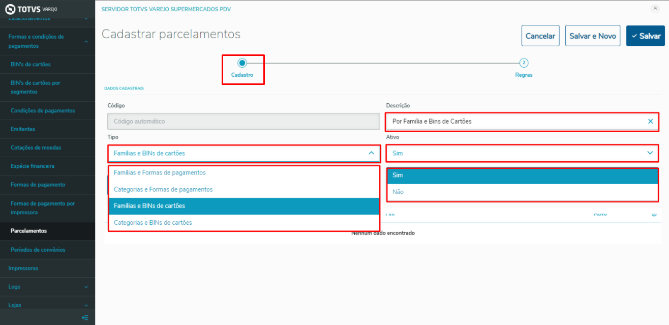 Imagem 3 - Menu Cadastrar Parcelamentos