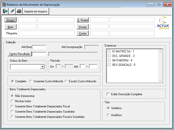 Relatório de Movimento de Depreciação