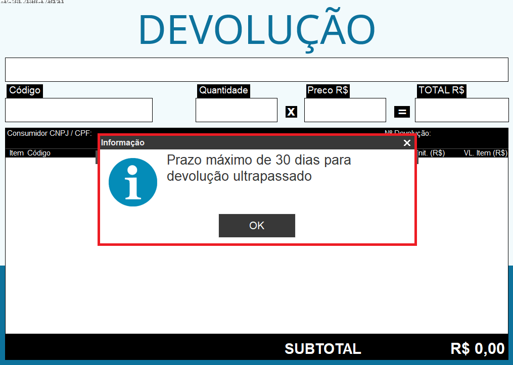 Imagem 5 - mensagem de prazo máximo para a devolução ultrapassado.