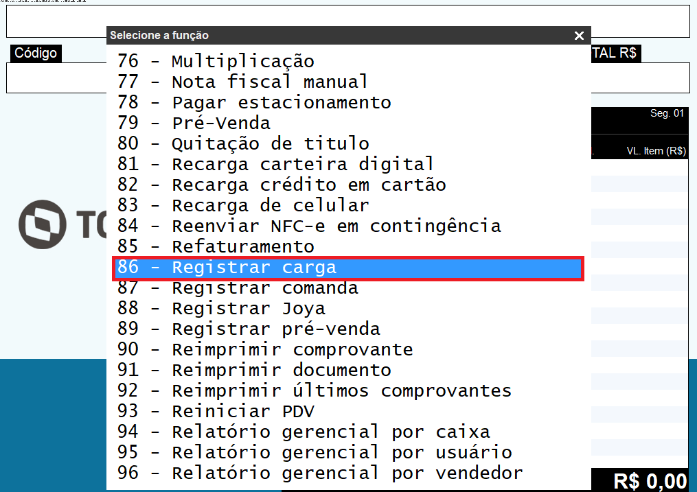 Imagem 5 - PDV Registrar carga