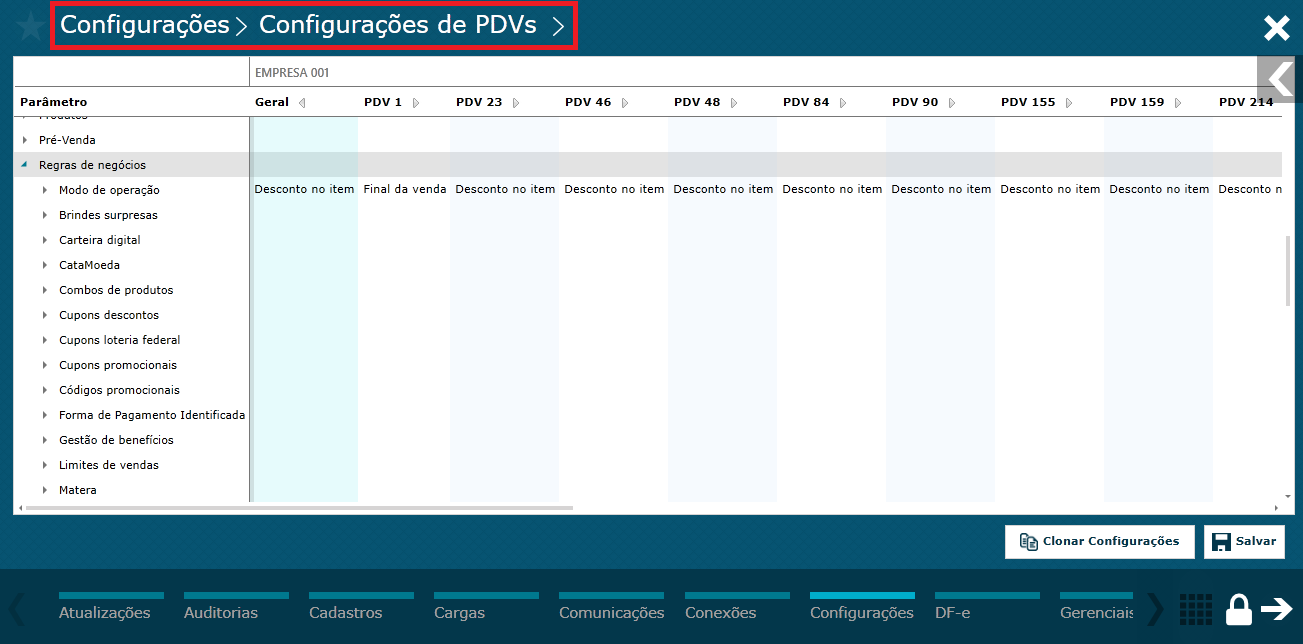 Imagem 1 - Tela de configurações de PDVs