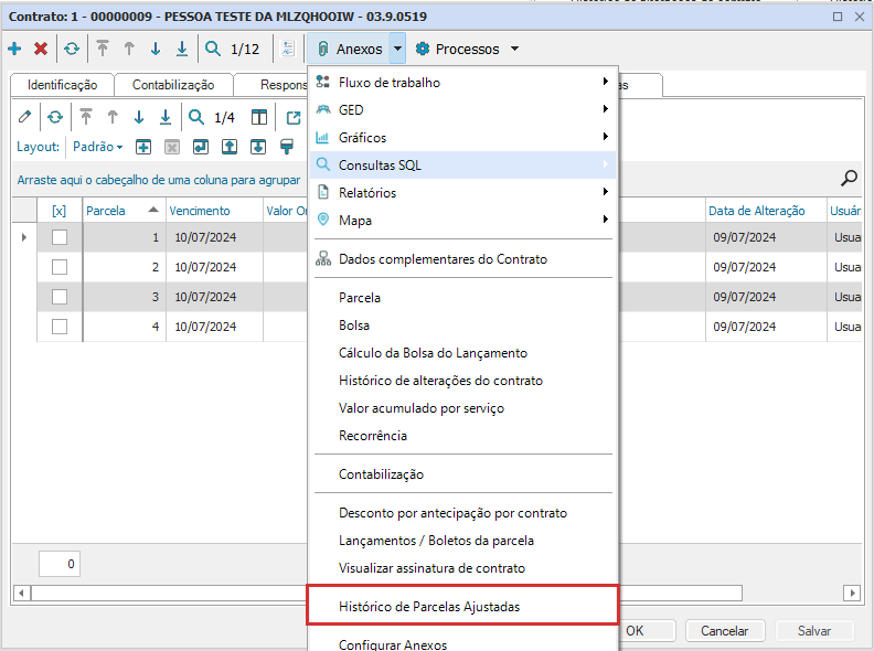 Tela Contrato com o anexo Histórico de parcelas ajustadas