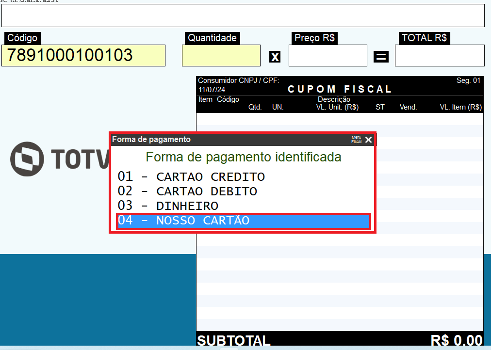 Imagem 39 - Exibe forma de pagamento no início da venda configurado como Sim.